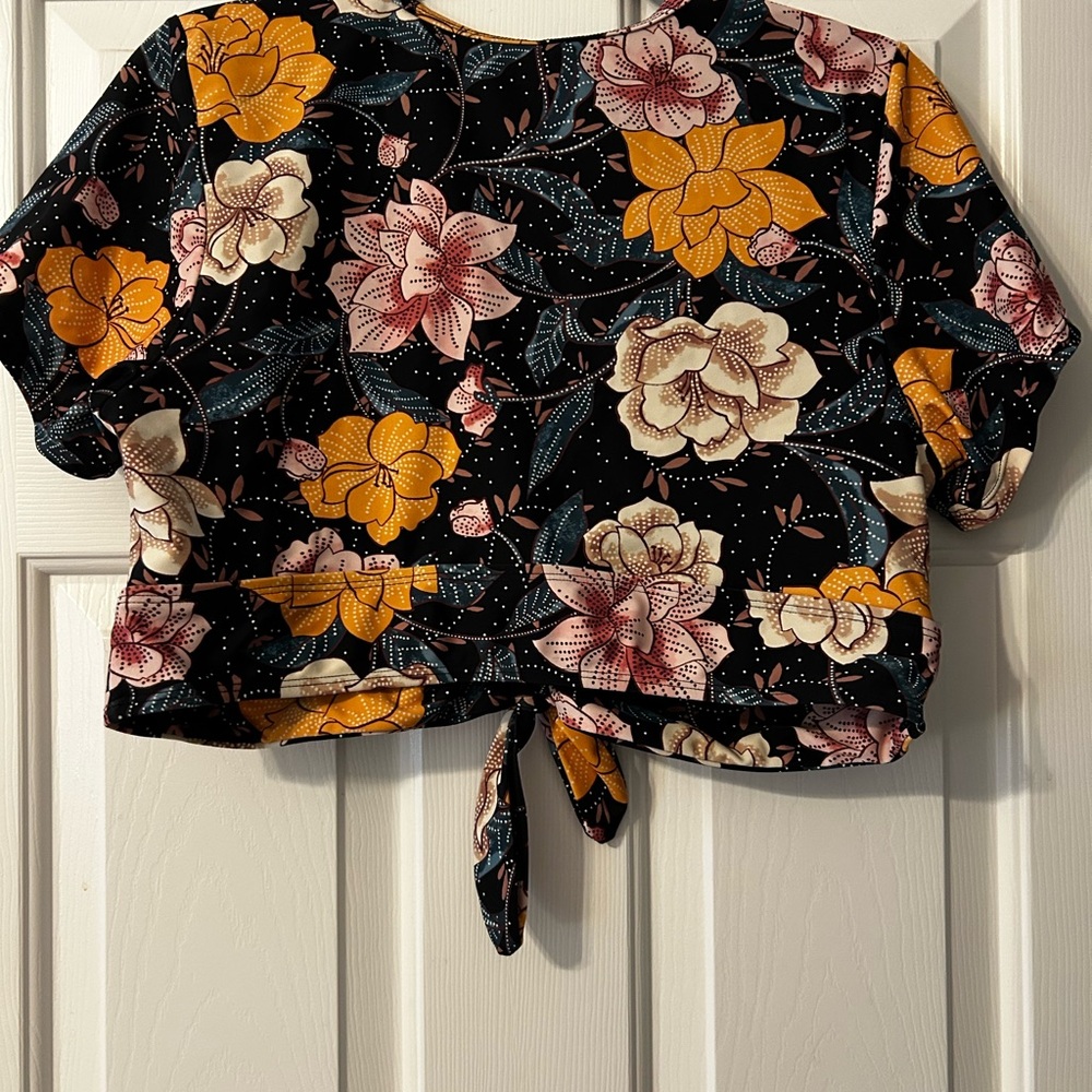 Torrid Floral Tie-Front Crop Swim Top- Black, Yellow, Pink - Picture 3 of 4